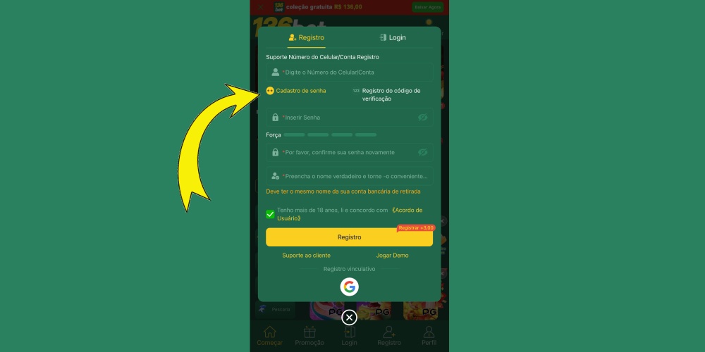 escolha o método de registro